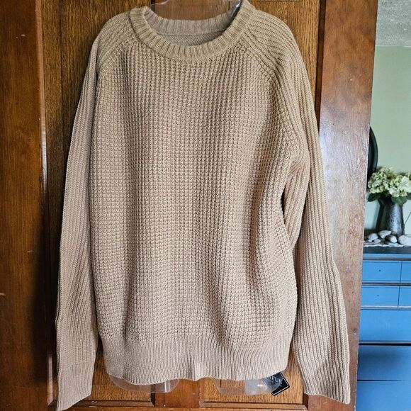 New Zaful Men’s Tan Waffle Knit Pullover Sweater Small | Crew Neck Chunky LS Top - Picture 1 of 4
